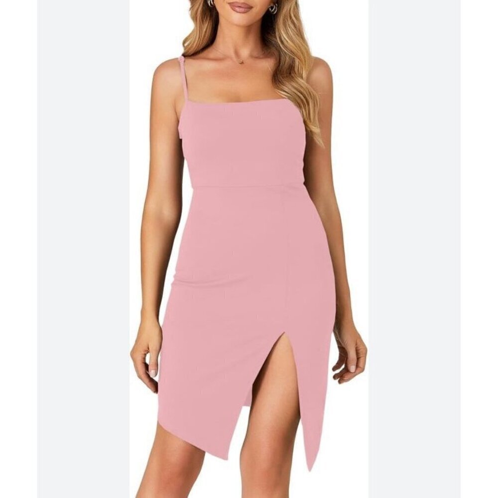 Lyaner Barbie Pink Spaghetti Strap Split Hem Sleeveless Bodycon Mini Dress Small